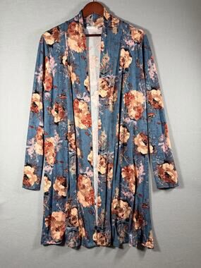 Reb & J Floral Open Front Duster Cardigan Large Blue